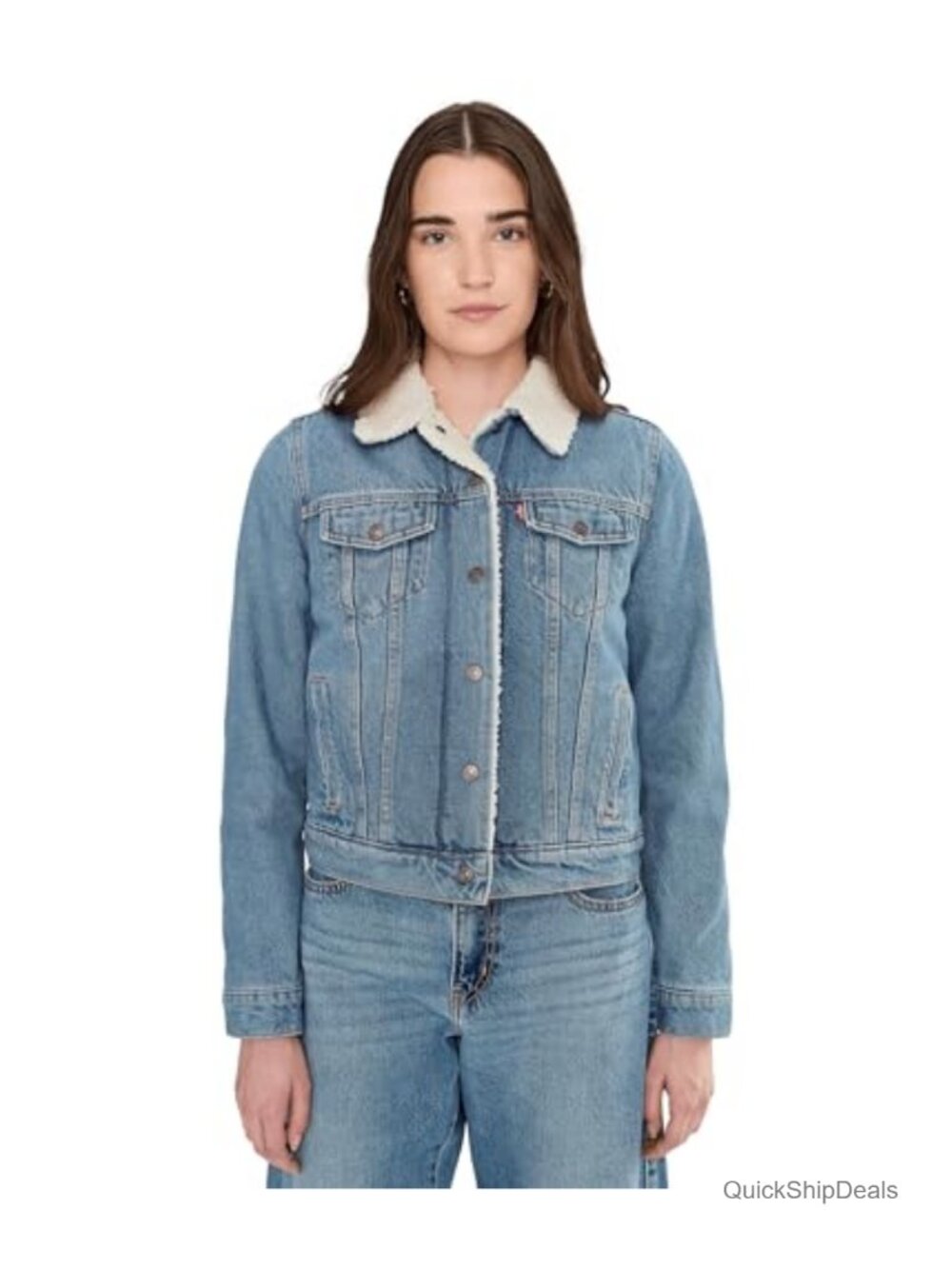Sherpa Lined Denim Trucker Jacket Button Snap Flap Pockets